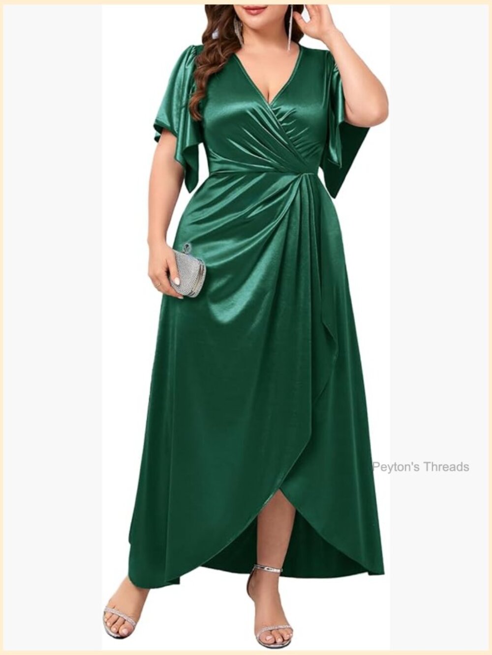 Plus Size Formal Satin Dress V Neck Wrap Ruched Maxi Evening Gown